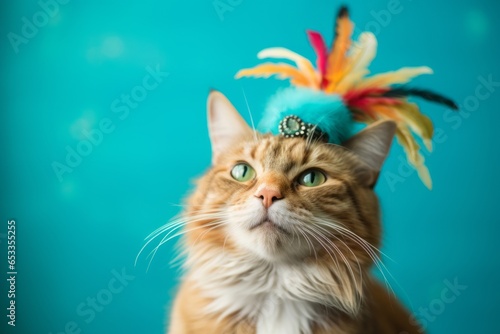 cymric cat wearing a jester hat against a tropical teal background