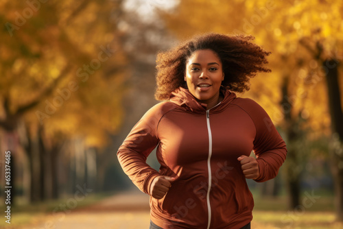 Young plus size woman running in city park on sunny autumn day. Overweight young girl jogging in the street. Weight loss concept.