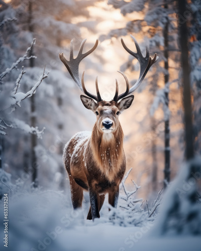 One noble male deer with huge beautiful horns stands and looks in camera in winter snowy forest. 