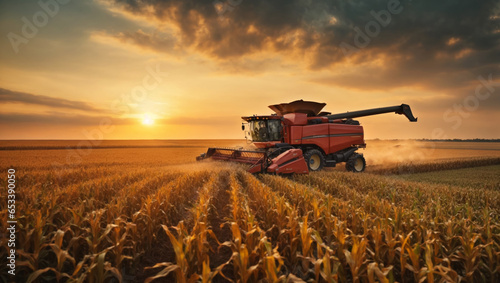 Harvesting of corn fields with combine, Corn picker harvesting a large filed of sweet Corn with sunset sky. ai generative