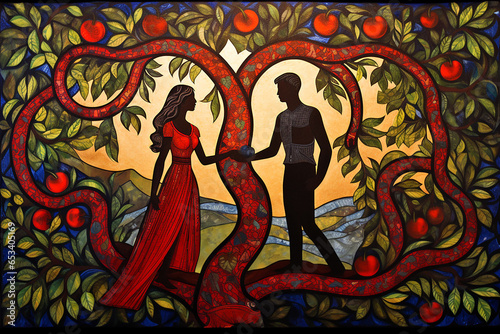 religious illustration of adam and eve with a snake under a tree with forbidden fruits, old icon style illustration, generative AI