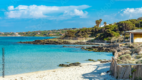 Amazing view of the Pelosa beach with the island of Asinara in the background, Stintino, Sardinia.