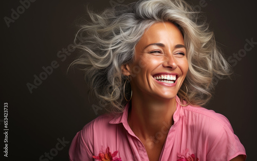 Beautiful elderly senior woman with grey hair laughing and smiling. Mature old lady close up portrait. Generative AI
