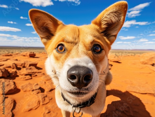 Close-up portrait of a wild dingo dog. Detailed image of a muzzle. Wild animal looking at something. Illustration with distorted fisheye effect. Design for cover, card, postcard, decor or print.