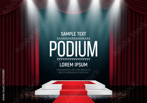 Podium illuminated by spotlights with a red carpet and curtain. Empty pedestal for award ceremony or presentation. Vector illustration.