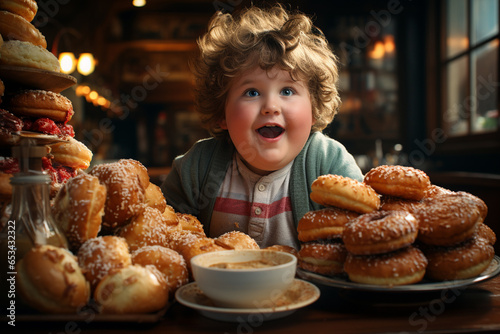 fat child eats lots of sweet donuts