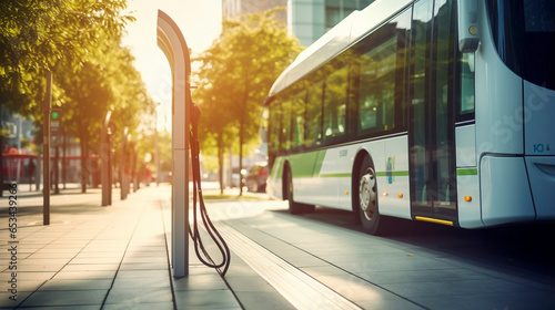 Stockphoto, copy space, modern public transport bus charging on an electric charging point, renewable energy theme. Clean green energy, zero waste.