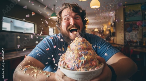 Young plus size man, happy and smiling, with a funny expression, in an ice cream parlor, with a large glass of ice cream.