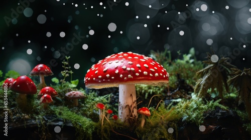  a red mushroom sitting on top of a lush green field. generative ai