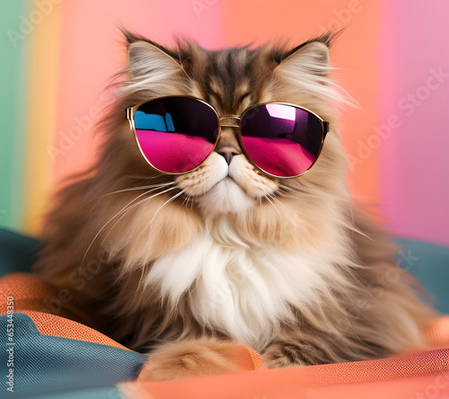 Tortoiseshell Persian cat wearing sunglasses