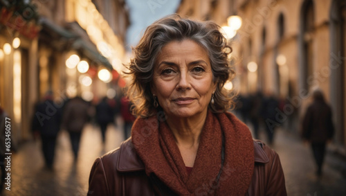 Bellissima donna italiana di 55 anni vestita con un cappotto elegante cammina nella strade di Roma la sera vicino ai negozi con tanta gente e luci