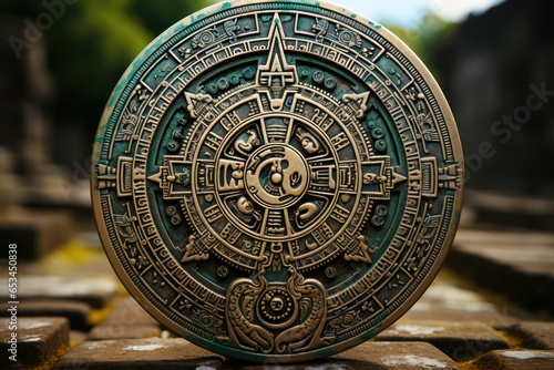An ancient Aztec calendar stone, representing the intricate timekeeping system of the Aztec civilization. Generative Ai.
