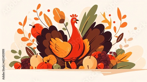 Vector illustration of a happy turkey enjoying a Thanksgiving harvest, featuring the bird surrounded by bountiful fruits and vegetables