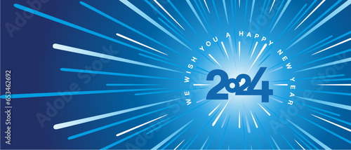 We wish you a Happy New Year 2024 high warp speed space blue type typography with abstract tunnel or speedometer shape on blue white background greeting card