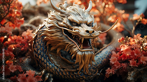 Chinese dragon, in the style of detailed multi-layered compositions, fantastic character colorful wood carvings, intricate floral arrangements, close-up, colorful bright background. ai generative art