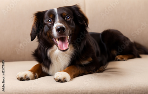 chien allongé sur un canapé avec un regard curieux, animal de compagnie en IA illustrative