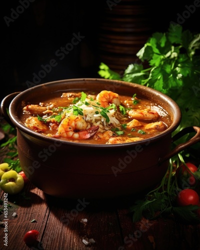 A captivating image of a rustic pot b with chicken gumbo, presenting the rustic beauty of Cajun cuisine through a medley of tender chicken, plump shrimp, zesty tomatoes, and vibrant green