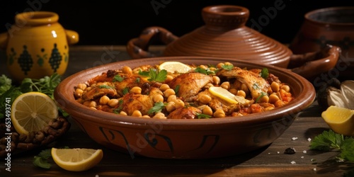 A rustic shot showcasing a classic Moroccan tagine filled with tender pieces of chicken, preserved lemon, and hearty chickpeas, cooked in fragrant es like cinnamon, cumin, and ginger.