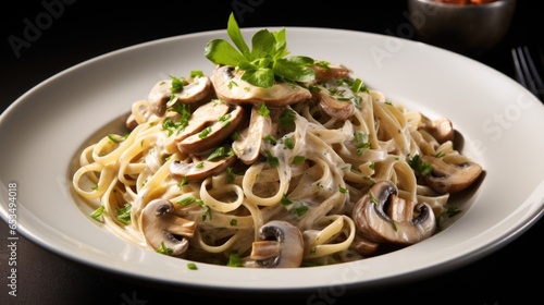 In this shot, delicate linguine pasta is elegantly dressed in a smooth, creamy white sauce. The sauce is studded with tender pieces of chicken, earthy mushrooms, and fragrant slices of garlic,