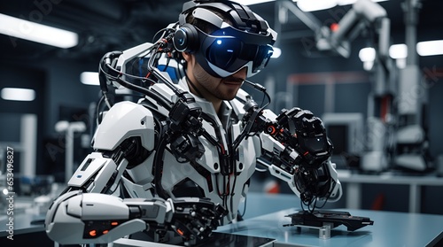 工場の生産ラインでロボットアームを制御するためにVRメガネを使用している エンジニア｜An engineer uses VR glasses to control a robot arm on a factory production line. Generative AI