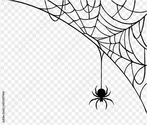 Halloween party background with spiderwebs and spider isolated png or transparent texture, blank space for text, element template for poster, brochures, online advertising, vector illustration 