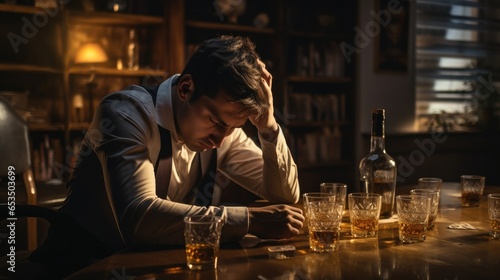 Depressed young man addicted feeling bad drinking whiskey alone at home, stressed frustrated lonely drinking alcohol suffers from problematic liquor, alcoholism, life and family problems.