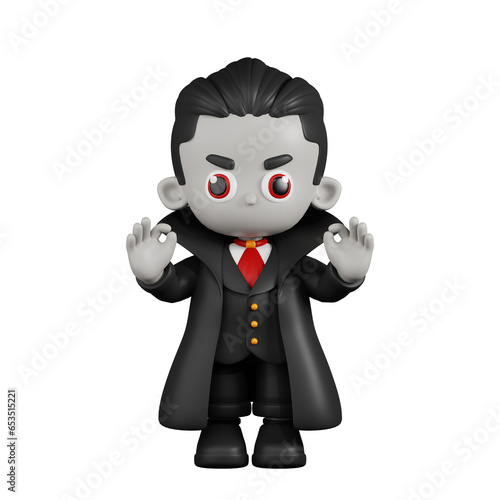 3d Cartoon Dracula Vampire Giving Ok Hand Gesture Pose. This asset is suitable for various design projects related to fantasy, magic, children's books, illustrations, and cartoons.