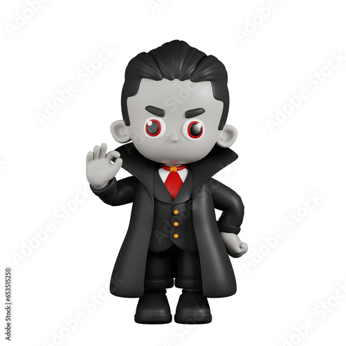 3d Cartoon Dracula Vampire Giving Ok Sign Pose. This asset is suitable for various design projects related to fantasy, magic, children's books, illustrations, and cartoons.
