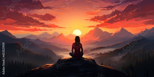 Vector art of a woman meditating. Practice yoga in lotus pose at the top of a mountain. Healthy lifestyle, self-care, mindfulness concept