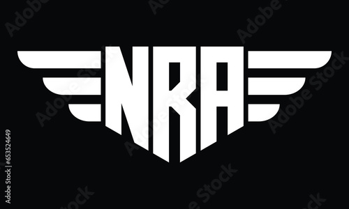 NRA three letter logo, creative wings shape logo design vector template. letter mark, word mark, monogram symbol on black & white.