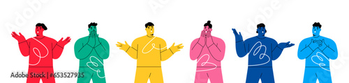 Man and woman with shocked face expression set. Surprised and amazed person. Colorful vector illustration
