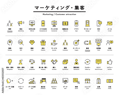 マーケティング・集客のシンプルなアイコンのセット ビジネス 宣伝 広告 SNS 戦略 SEO 購入