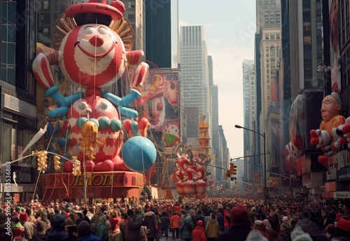 A huge clown floats through NYC with pilgrims and spectators ahead of the start of the annual Macy's Thanksgiving Day Parade