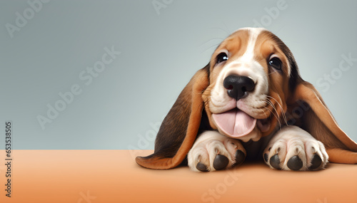 Cute Basset Hound dog puppy on bright pastel background. for presentation. copy text space. 
