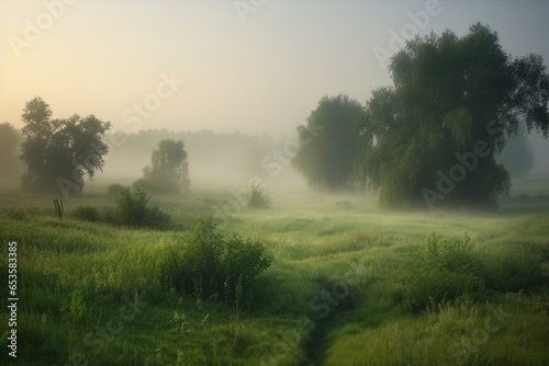 Misty morning in a green landscape. Generative AI