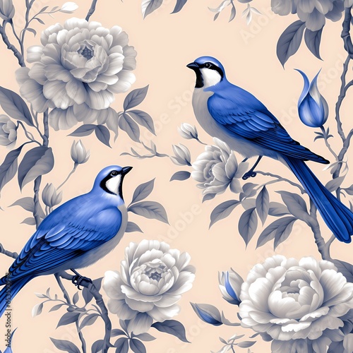chinoiserie art rose with blue jay bird classic mural painting 