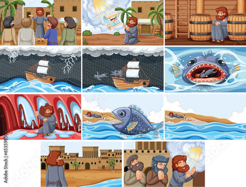 Scenes from the Bible story of Jonah and the Big Fish