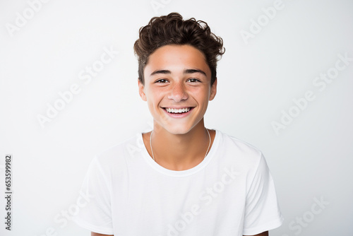 portrait of smiling teenager on white background