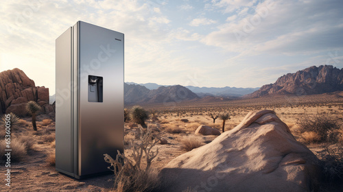 Metallic gray cooler in the desert.