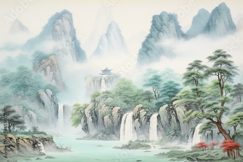 Traditional Chinese painting of mountains and waterfall on handmade rice paper. Generative AI