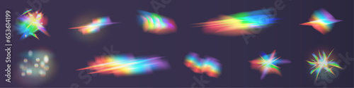 Set of colorful vector lenses and rainbow light flares, with transparent effects. Crystal reflection effect. Optical rainbow lights, glare, leaks, band overlap. falling confetti. Vector