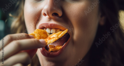 Person eating delicious potato chips. Close up of mouth eat potato chips. Chips with teeth. Tasty delicious fast food. Eating crisps. Fast food close-up unhealthy snack
