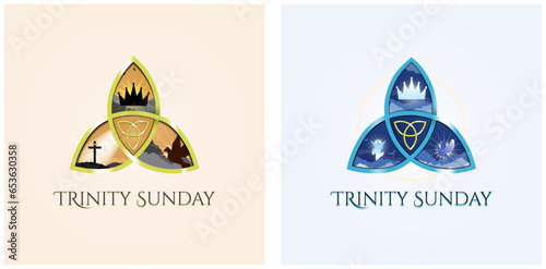Trinity Sunday Greeting card set. Triquetra. Religious trinity, crown, cross, holy spirit, dove. Gold and blue trinity. Observed on the first Sunday after Pentecost. Vector Illustration. 