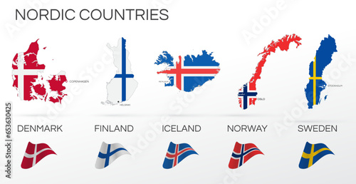 Nordic countries flags set. Various designs. Map and capital city. Template for independence day. Collection of national symbols. Iceland, Sweden, Finland, Norway, Denmark. Scandinavia