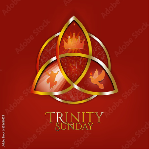 Gold Trinity Sunday symbol poster. Observed on the first Sunday after Pentecost. Religious trinity, crown, Jesus, holy spirit, dove. Golden trinity knot with golden ring. Vector Illustration. 
