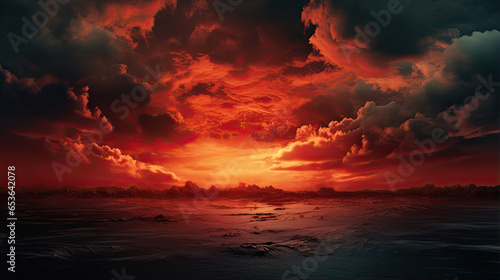 The surface and the island of red water scenery. Sky with clouds. Bloody sunset background with copy space for design. War, apocalypse, armageddon, nightmare, halloween, evil, horror concept.