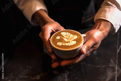 Close up coffee barista hands holding cup of latte art with decoration
