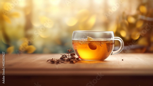 Hot tea in a glass teacup with a beautiful natural and outdoors background 