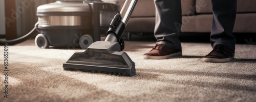 An Employee From A Dry Cleaners Service Diligently Removing Dirt From A Carpet In A Residential Setting . Сoncept Carpet Cleaning Services, Athome Services, Professionalism, Hard Work