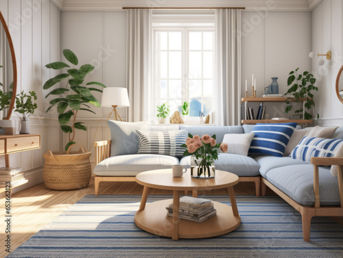 Timeless Scandinavian living room: Classic blue and white theme, paired with earthy wooden tones. A striped rug complements a blue upholstered sofa, and white cabinetry.